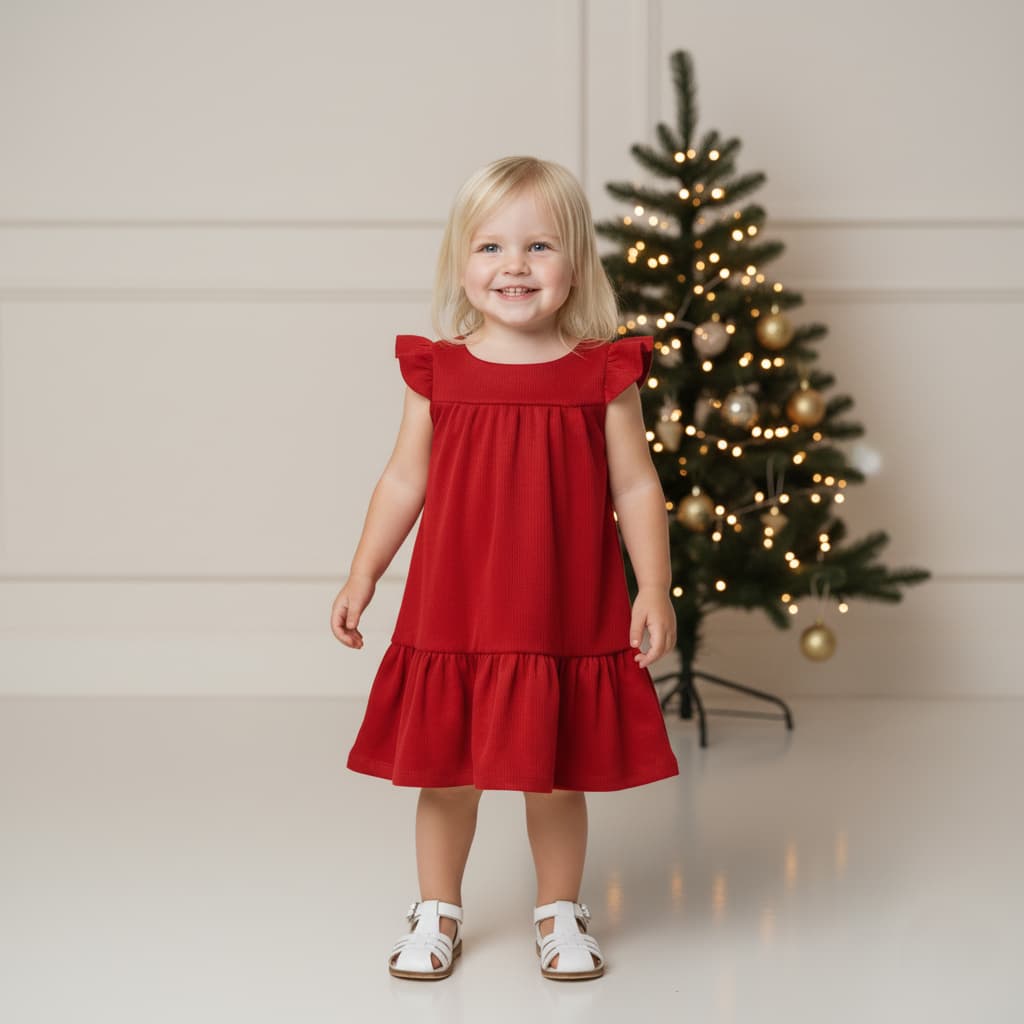 Vestido Bebê Menina Vermelho Infantil Malha Canelada com Babados e Gola Redonda Conforto Feminino