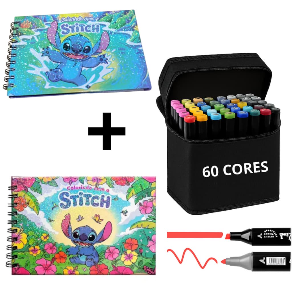 KIT - 2 Livro para Colorir, Capa Dura, A5 Holográfica, 50 Páginas + Estojo com 60 Cores Ponta Dupla