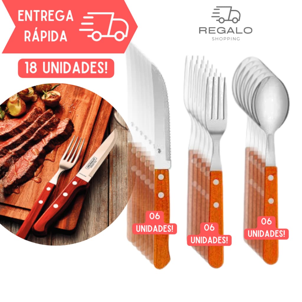 Jogo com 18 Talheres Peças de Metal Cabo de Madeira Reforçado Cozinha Louça Talher Almoço Jantar