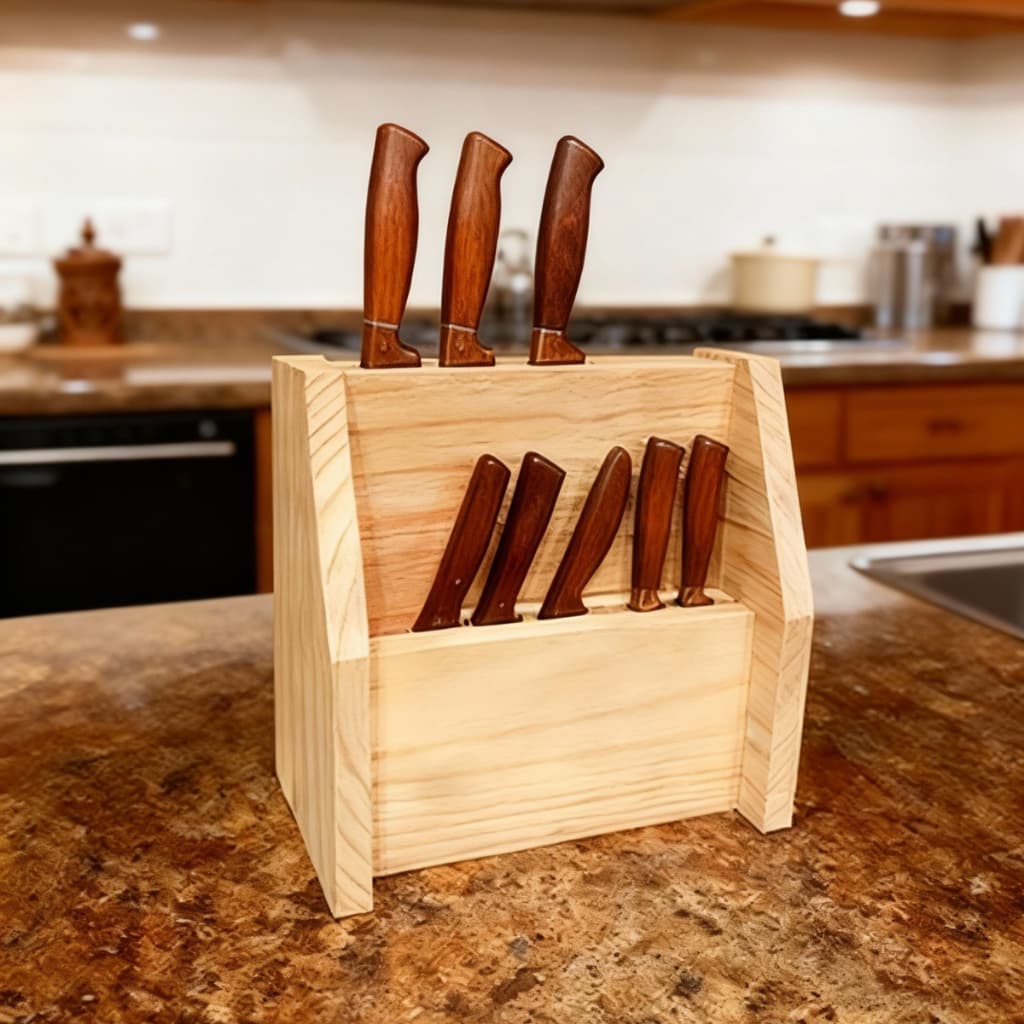 Faqueiro de Mesa em Madeira Pinus Natural | Porta Facas Artesanal para Cozinha | Suporte Organizador de Facas Decorativo