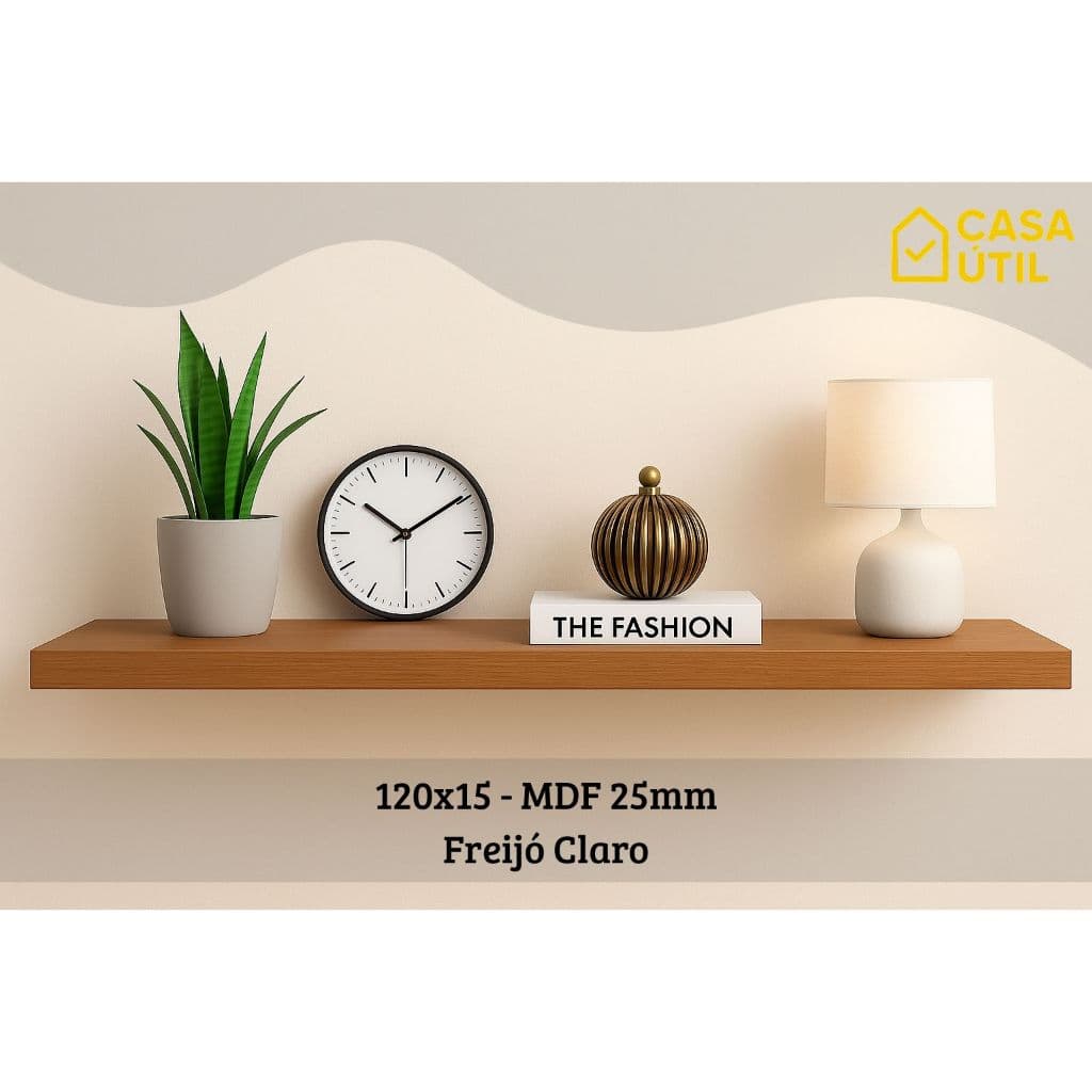 Prateleira 120x15 cm MDF 25mm Freijó Claro com Suporte Invisível Reforçado| Sala, Cozinha e Quarto