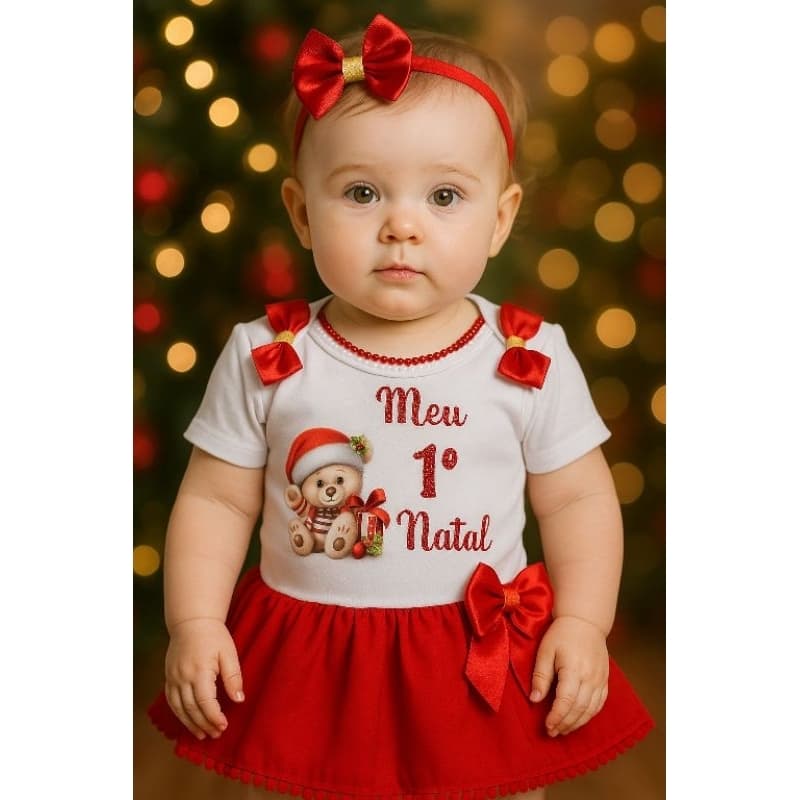 Vestido Natal Bebê Luxo Feminino Meu 1º Natal Vermelho Com Laço Roupa Infantil Festiva Promoção
