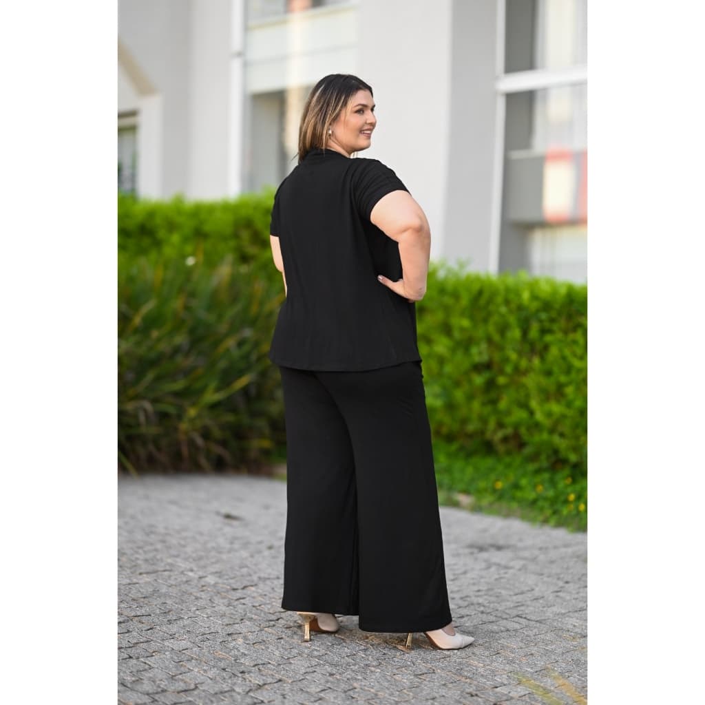 Conjunto Feminino Plus Size Calça Pantalona com Forro Bolsos Laterais , Blusa e Colete