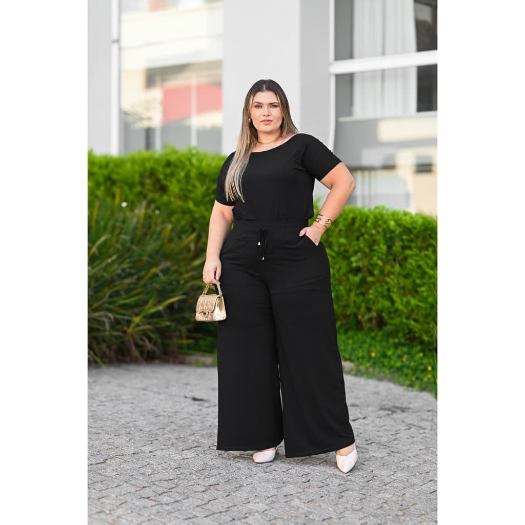 Calça Feminina Pantalona com Forro Bolsos Laterais e Blusa