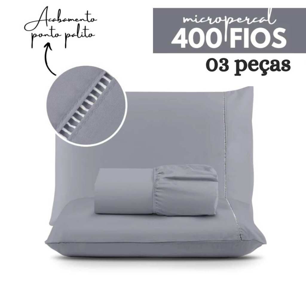 Jogo de Lençol Queen 03 Peças 400 Fios Cama Queen Extra Macio Micropercal Ponto Palito