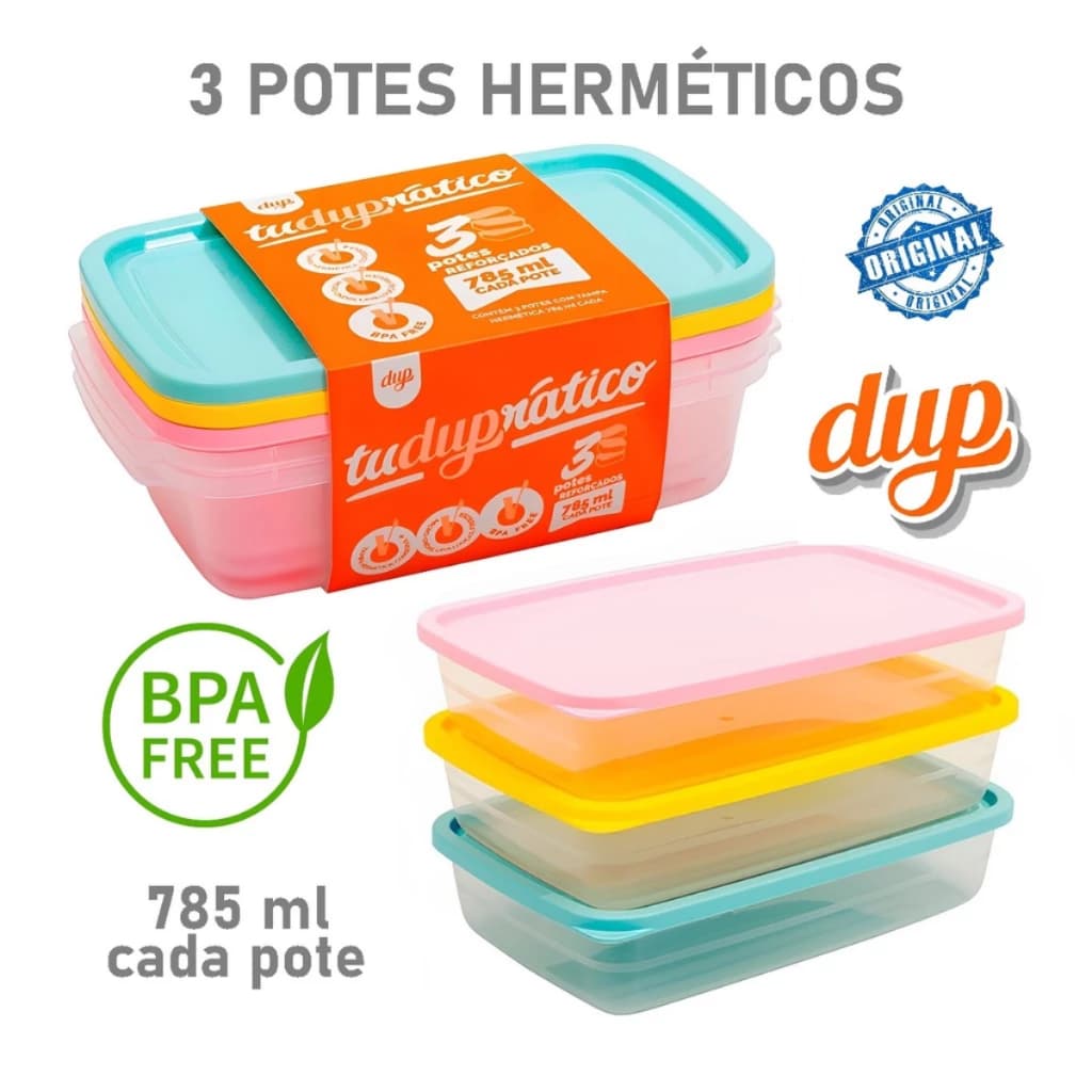 Kit 3 Potes Herméticos 785 ML cada Dup Marmita Microondas Freezer Tapuer Vasilha BPA Free