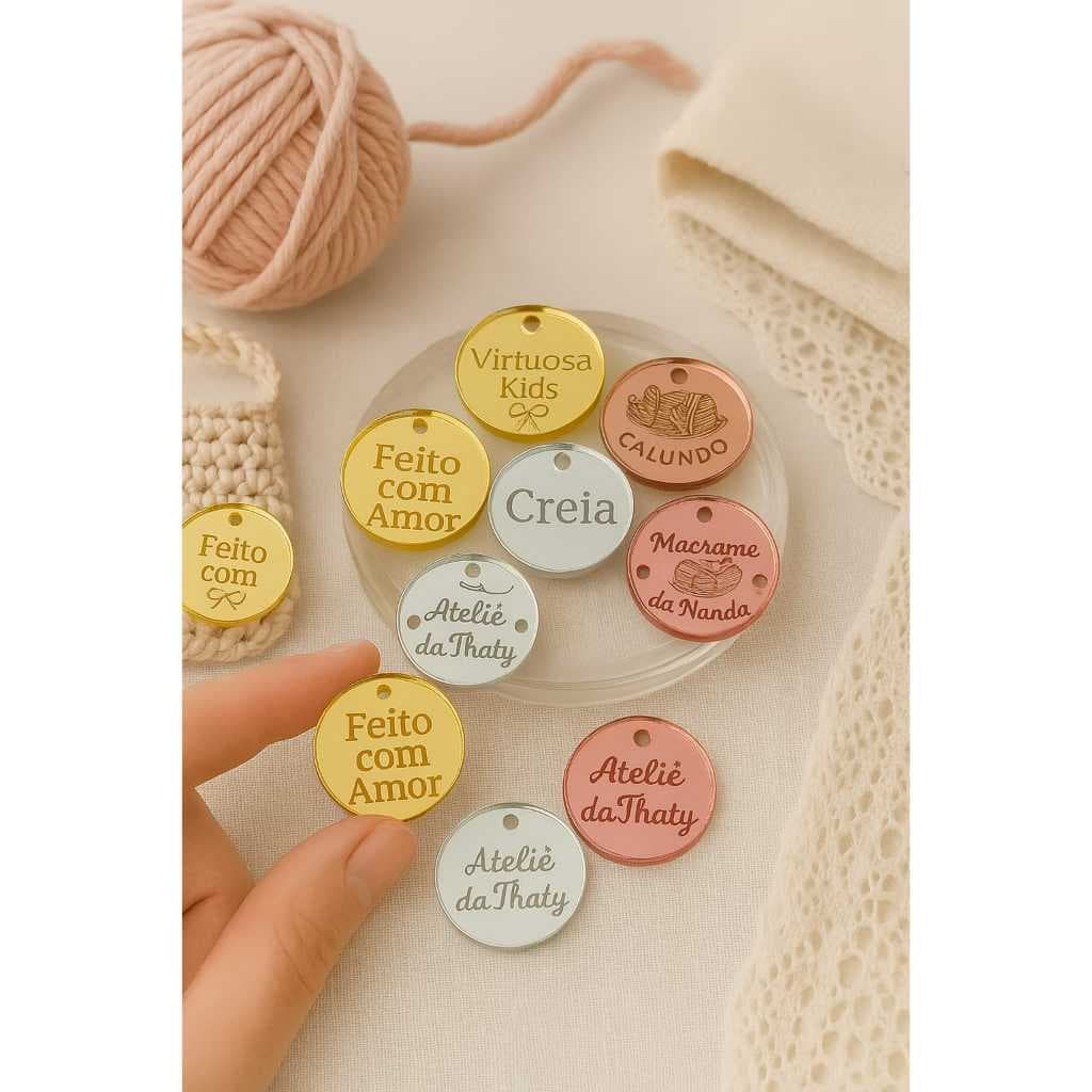 Tag Etiqueta 3cm em acrílico espelhado personalizada em acrilico 100 ou 200 peças