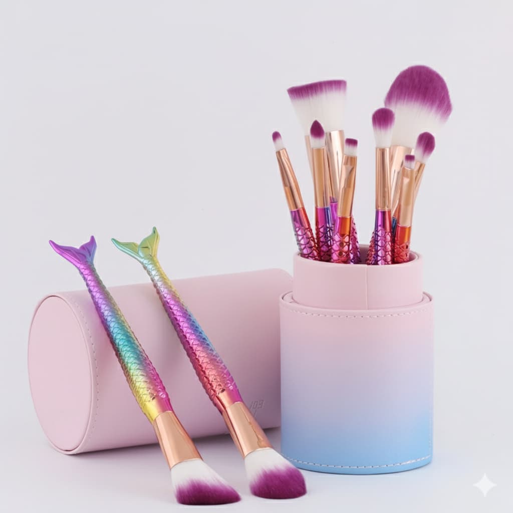 Kit de 10 Pincel Calda de Sereia Maquiagem Base Blush Sombra Sombracelha Contorno Estojo Completo