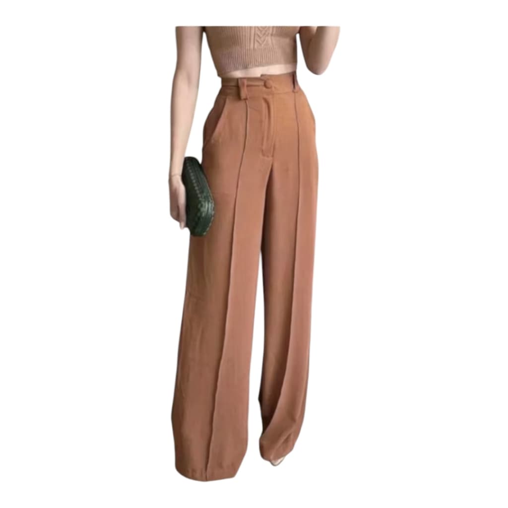 Calça Feminina Pantalona Wide Leg Duna Com Botão Cintura Alta