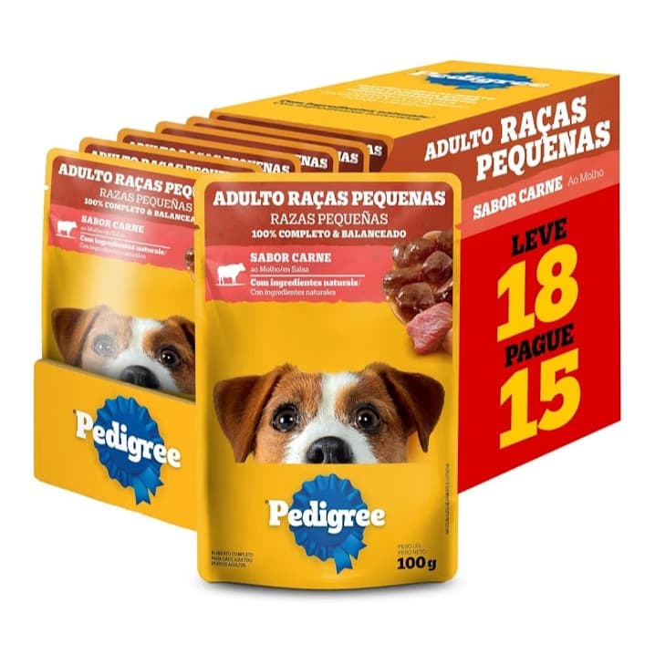 Kit 18 Sachês Pedigree Cães Adultos Raças Pequenas Alimento Úmido Sabor Carne 100g