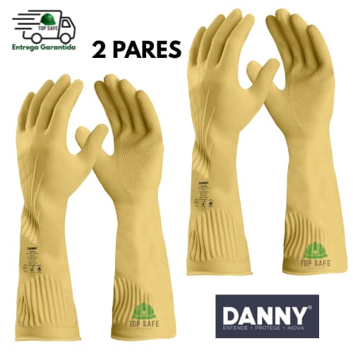 Kit 2 Luvas de limpeza em látex cano longo ranhurada LONGATEX DANNY Tam. M Proteção EPI