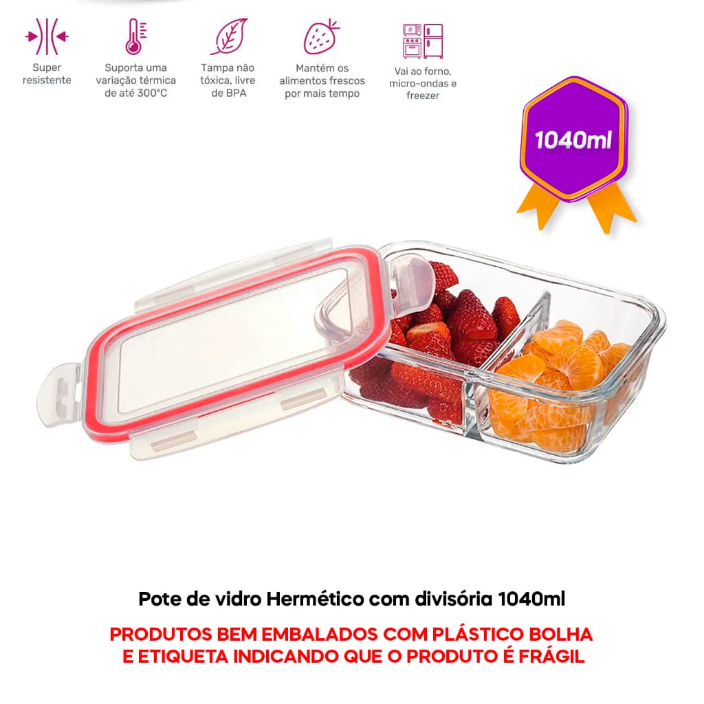 Pote Vidro 1040 ml Hermético Marmita Forno Refratário Divisória e Tampa TOP
