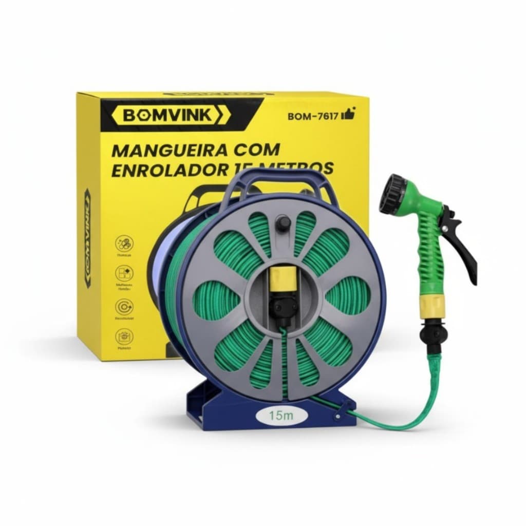 Mangueira Enrolador Bico Esguicho 15m Multiuso Resistente Irrigação Lavagem Limpeza Banho Pet