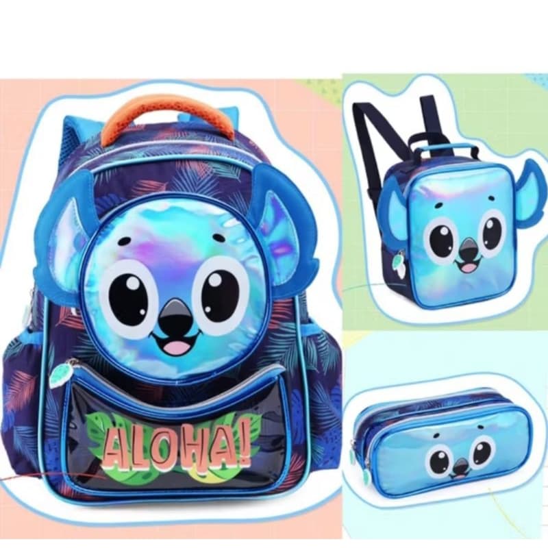 KIT MOCHILA DE ALOHA COM LANCHEIRA E ESTOJO INFANTIL MASCULINO DENLEX/ MOCHILA INFANTIL/MOCHILA STITCH/STITCH E ANGEL