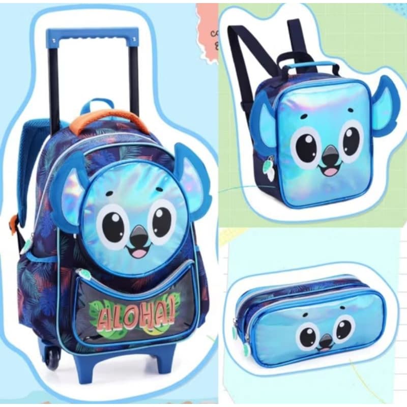 KIT MOCHILA DE CARRINHO COM LANCHEIRA E ESTOJO ALOHA INFANTIL MASCULINO DENLEX/ MOCHILA STITCH/ MOCHILA INFANTIL 2026