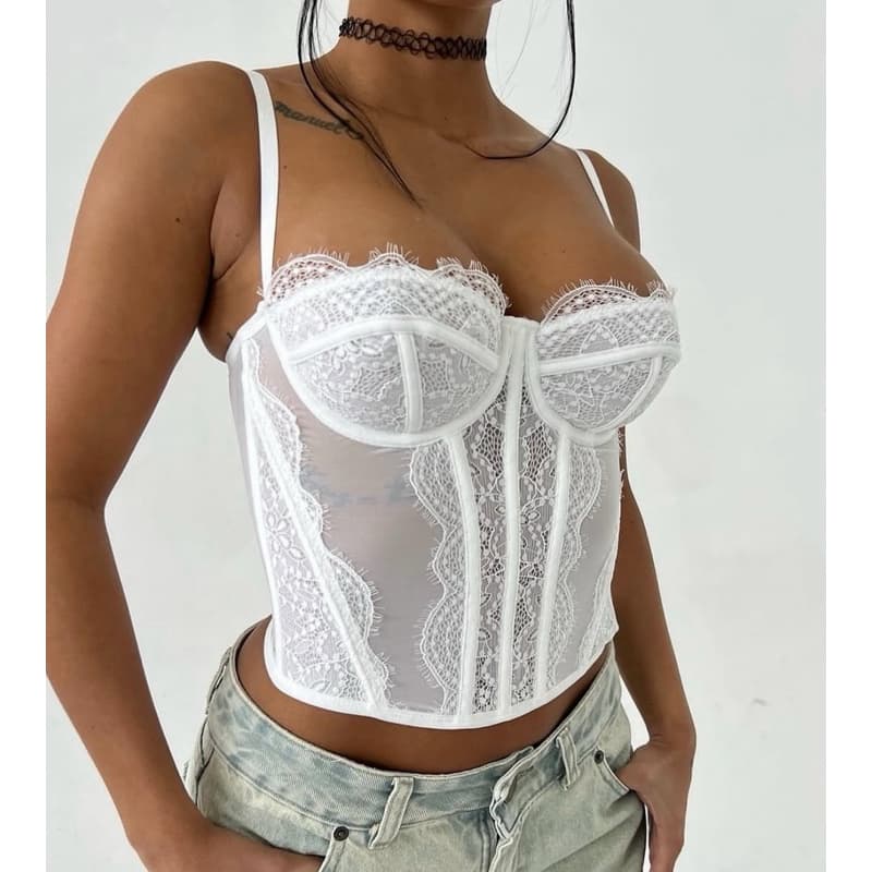 Cropped Feminino Corset Renda Corselet Alça Regulagem Cropped Blusa Tendência 2025 Promoção