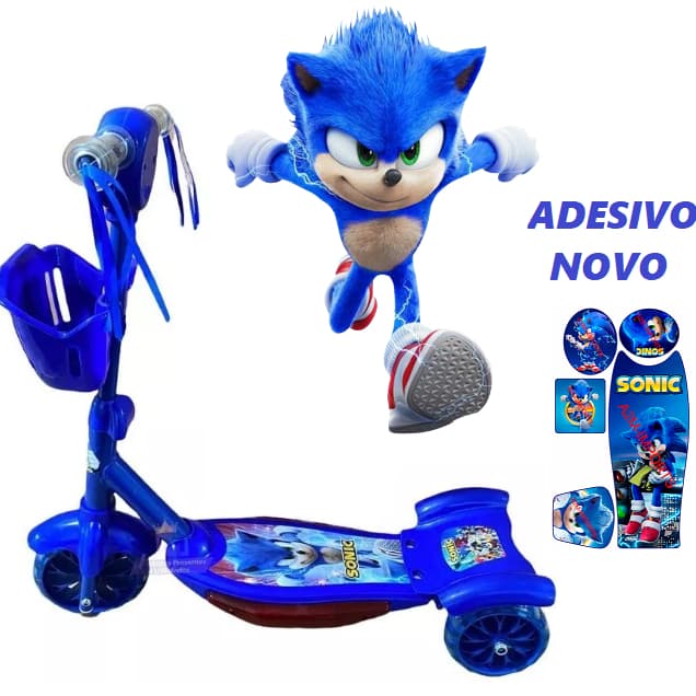 NOVO Patinete Musical Sonic Azul Menino Cestinha Música e Luzes 3 Rodas Ajustável + Surpresa