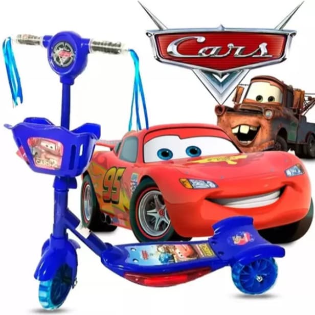 Patinete Infantil Musical Carros Azul Mcqueen Menino Ajustável 3 Rodas Com Cesta Luzes + Surpresa