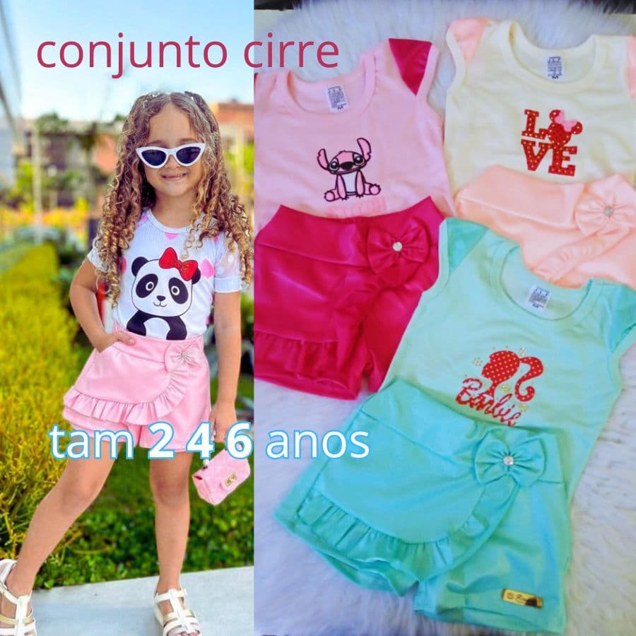 Conjunto Para Criança 2 a 6 anos Menina Feminina Regata Canelado + Short Saia CIRRE Figuras Infantis