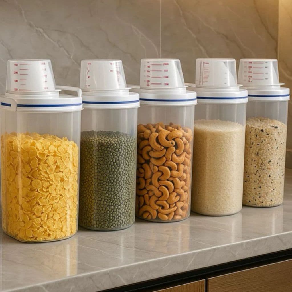 Kit 5 Potes Herméticos 2,5L Multiuso Organizador Grãos Ração Sabão com Bico Dosador e Copo Medidor