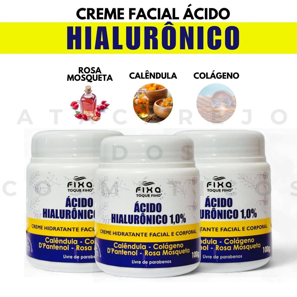Kit 3 Cremes Ácido Hialurônico E Colágeno Antirrugas Hidratante Facial Rosa Mosqueta Calêndula