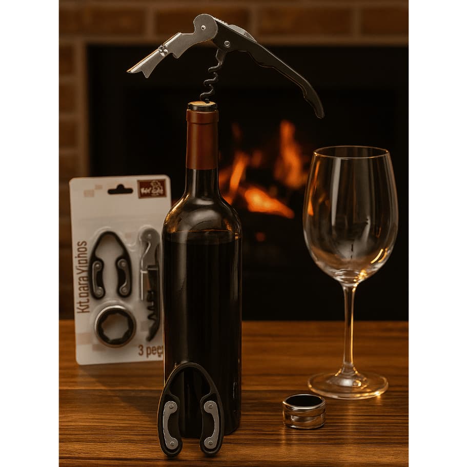 KIT VINHO COMPLETO 3 PEÇAS ABRIDOR SACA ROLHAS CORTADOR DE LACRE E ANEL ANTIGOTAS ACABAMENTO EM INOX