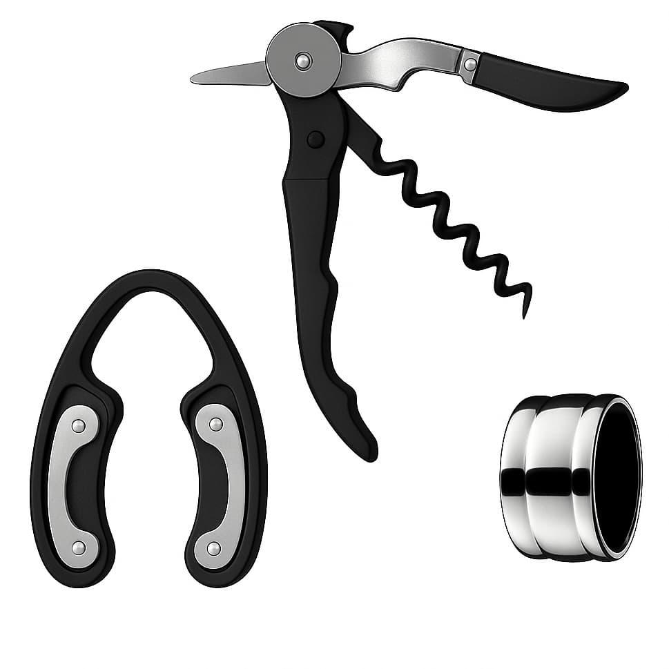 KIT VINHO 3 PEÇAS COMPLETO SACA ROLHAS CORTADOR DE LACRES E ANEL CORTA GOTAS EM INOX DESIGN ELEGANTE
