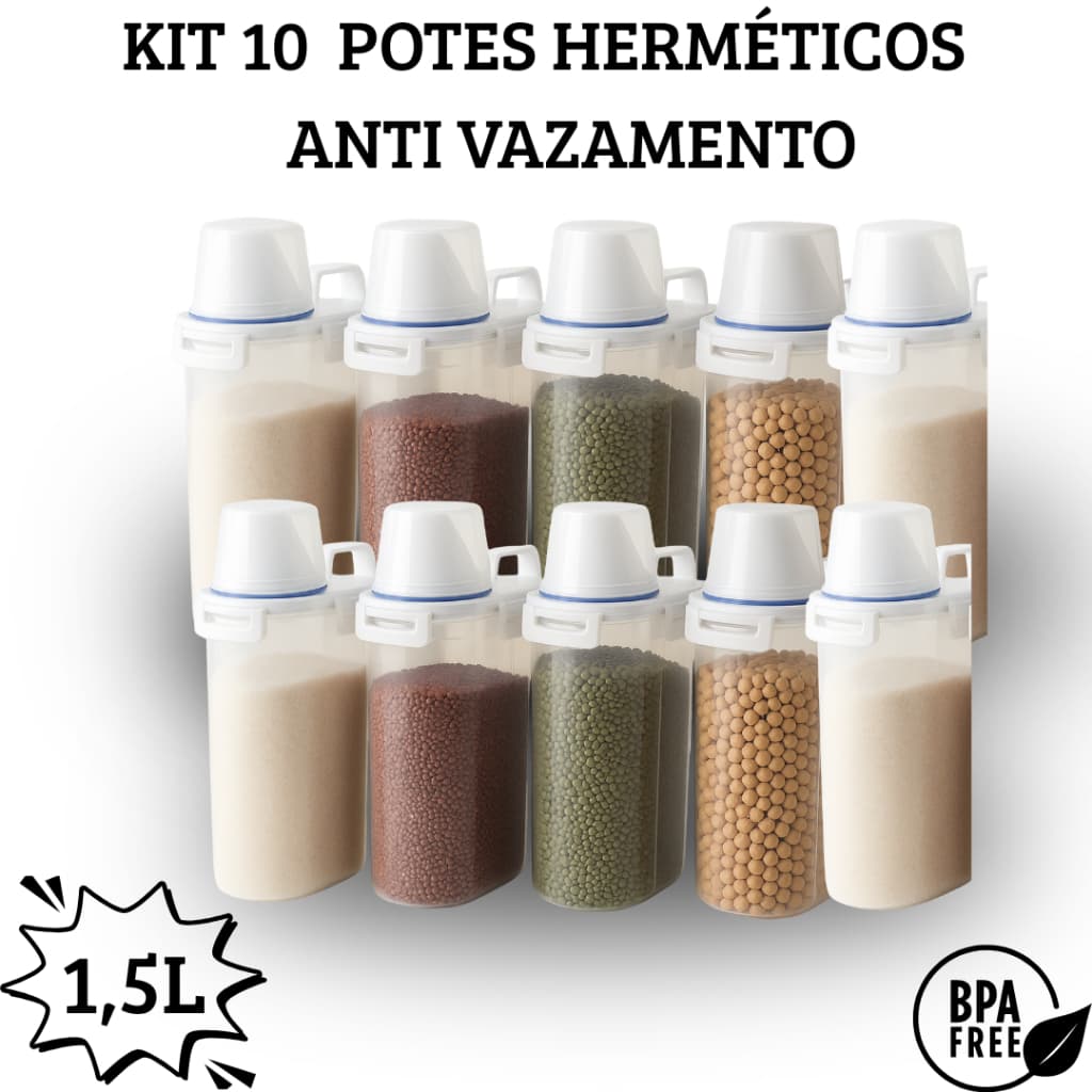 Kit 10 Potes Herméticos para Cozinha 1,5L – Com Bico Dosador e Copo Medidor Organização  Praticidade