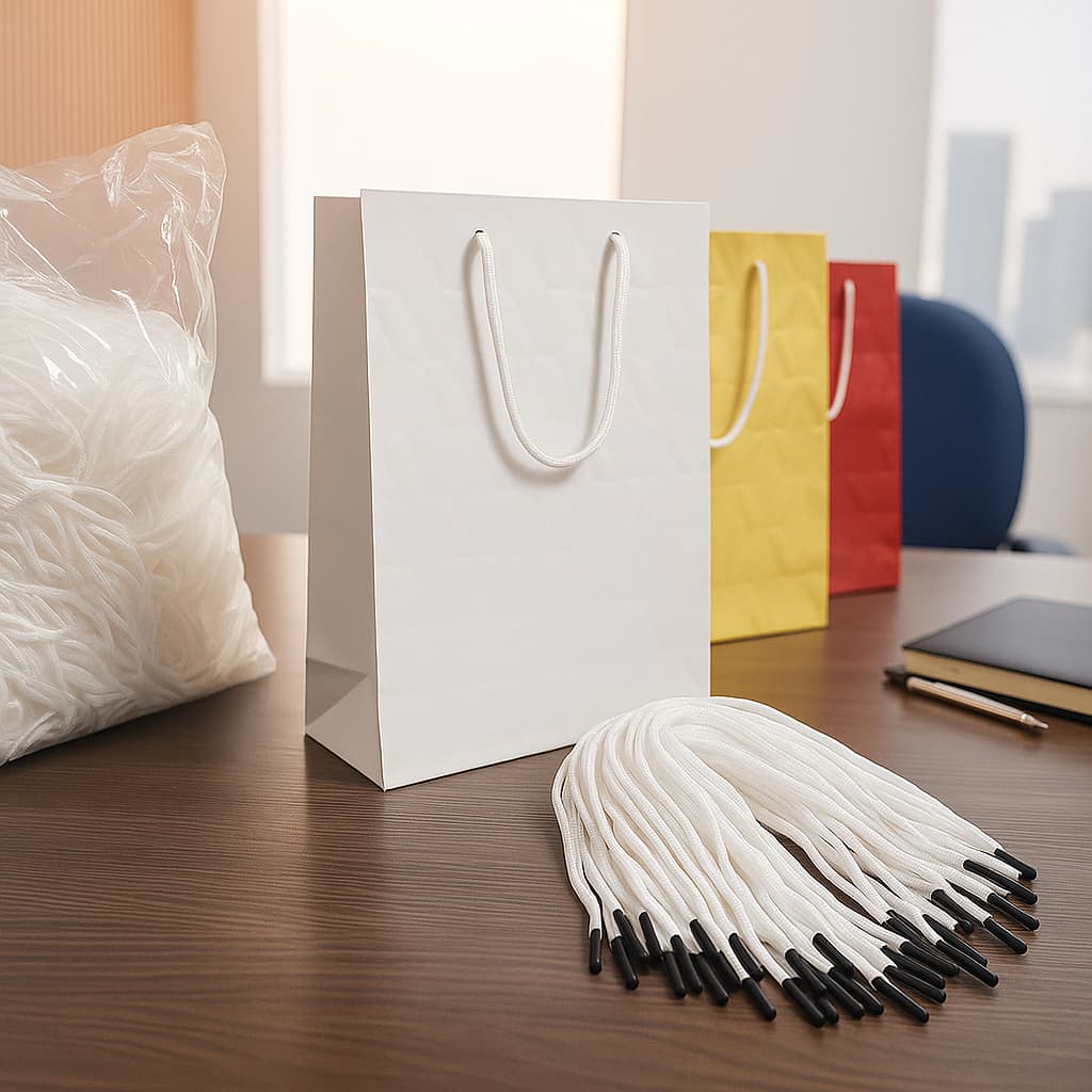 Kit 100 Cordão Branco Ponteira Preta Alça de Sacola Polipropileno de Alta Qualidade Embalagem Roupa