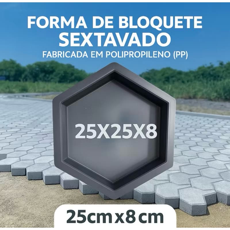 Forma Piso Bloquete Plástico 25X25X8, Sextavado liso Hexagonal, para calçadas ruas. Envio imediato.