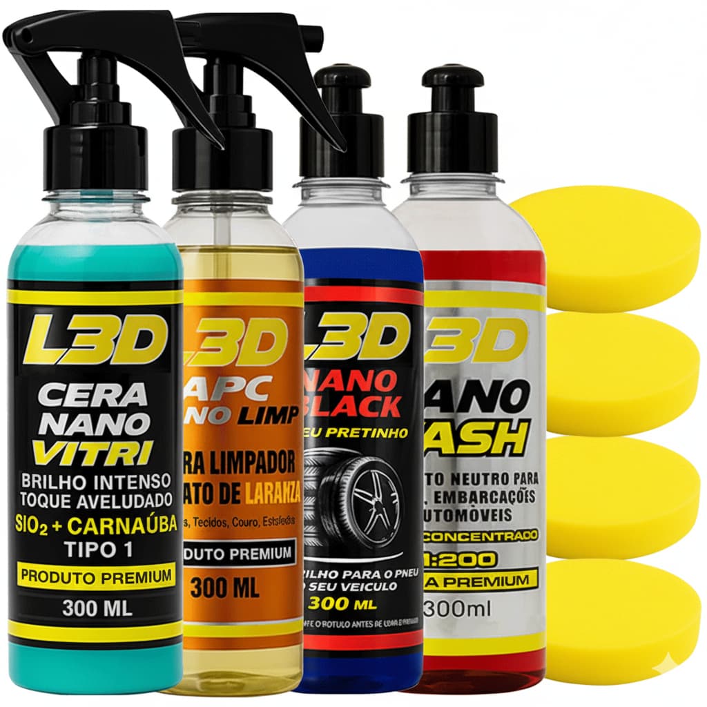 Kit Brilho Máximo: Cera, APC, Pretinho, Shampoo + 4 Aplicadores
