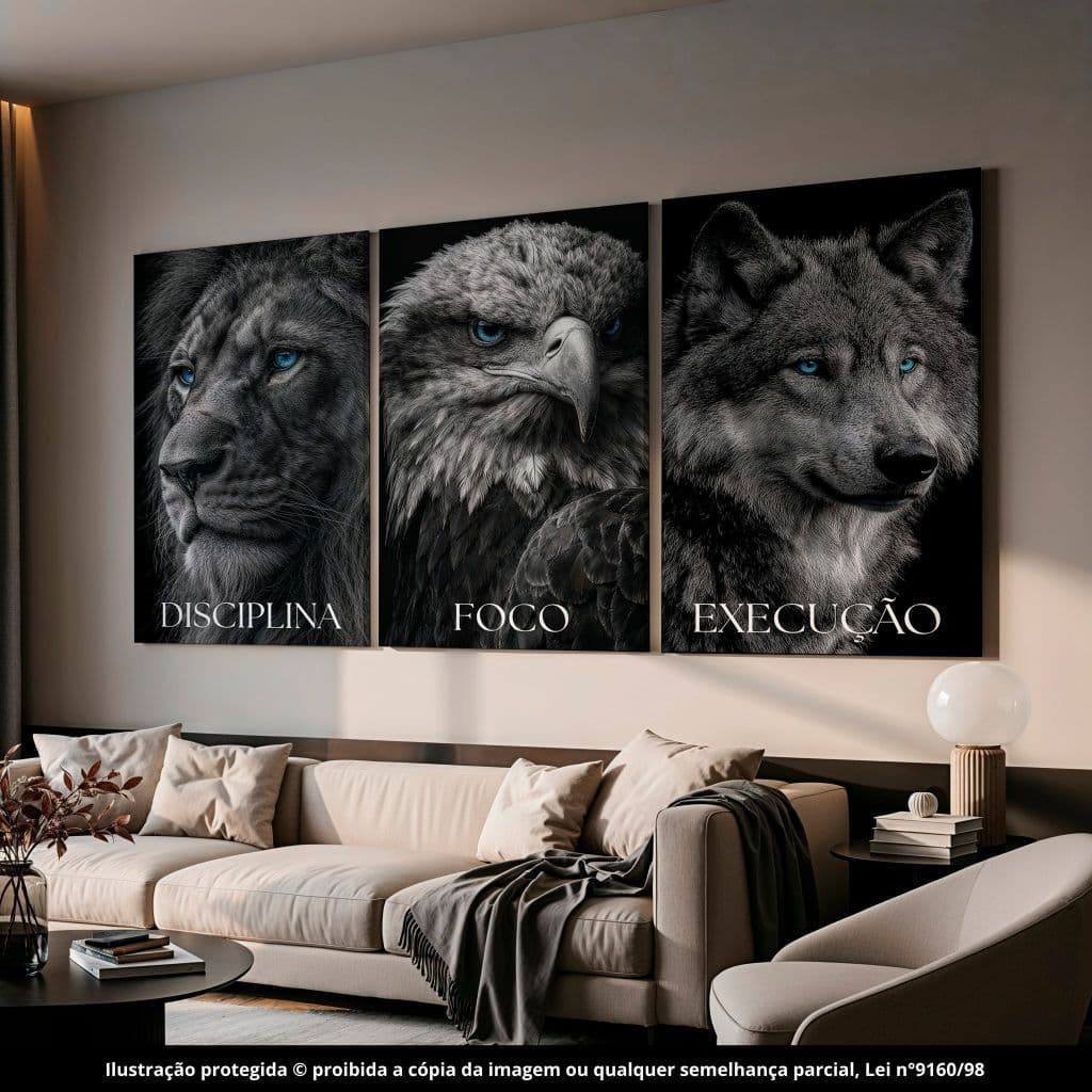 Quadros Decorativos Motivacional Águia Lobo Leão Disciplina Foco Execução Sala Quarto Hall