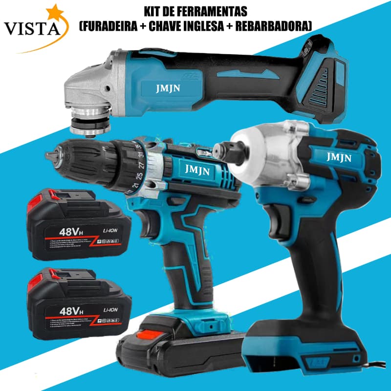 Kit 3 em 1 48V Sem Fio com 2 Baterias – Furadeira Parafusadeira + Chave de Impacto + Esmerilhadeira Profissional VISTA