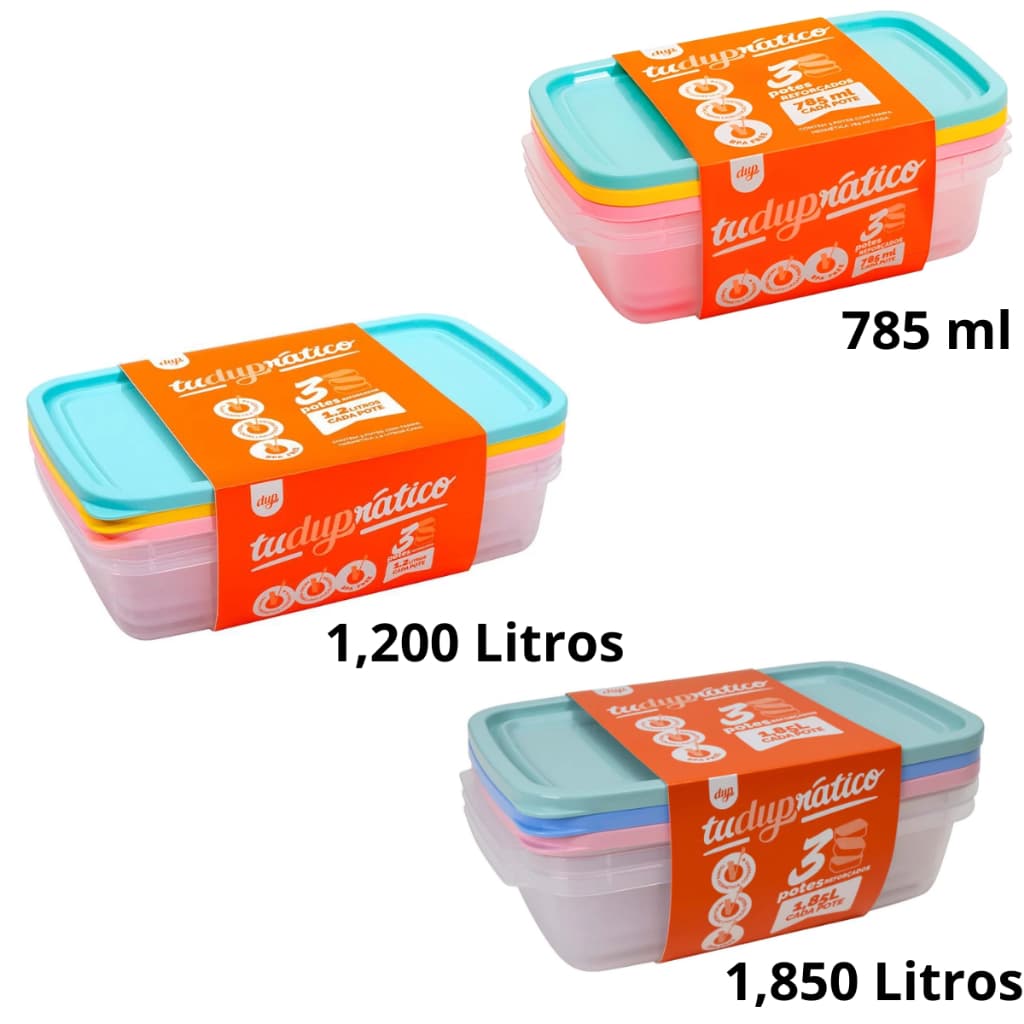 Kit 3 Potes Hermético 785ML/1,200/1,850 Litro cada Dup Marmita/Microondas/Freezer/Tapuer/Vasilha/BPA