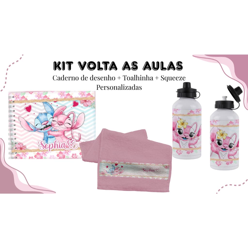 Kit Volta às Aulas Personalizado Caderno de desenho + Toalhinha + Squeeze Escolha seu tema