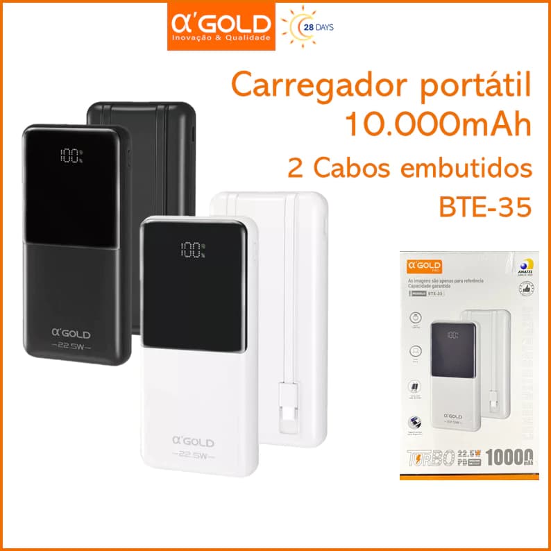 Bateria Portátil Power Bank 10.000mAh 22.5W PD Carga Rápida A'GOLD BTE-35