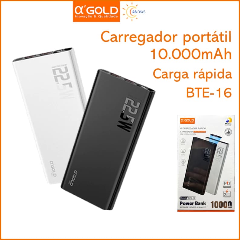 Bateria Portátil Power Bank 10.000mAh 5.0A Allta Velocidade 22.5W A'GOLD BTE-16