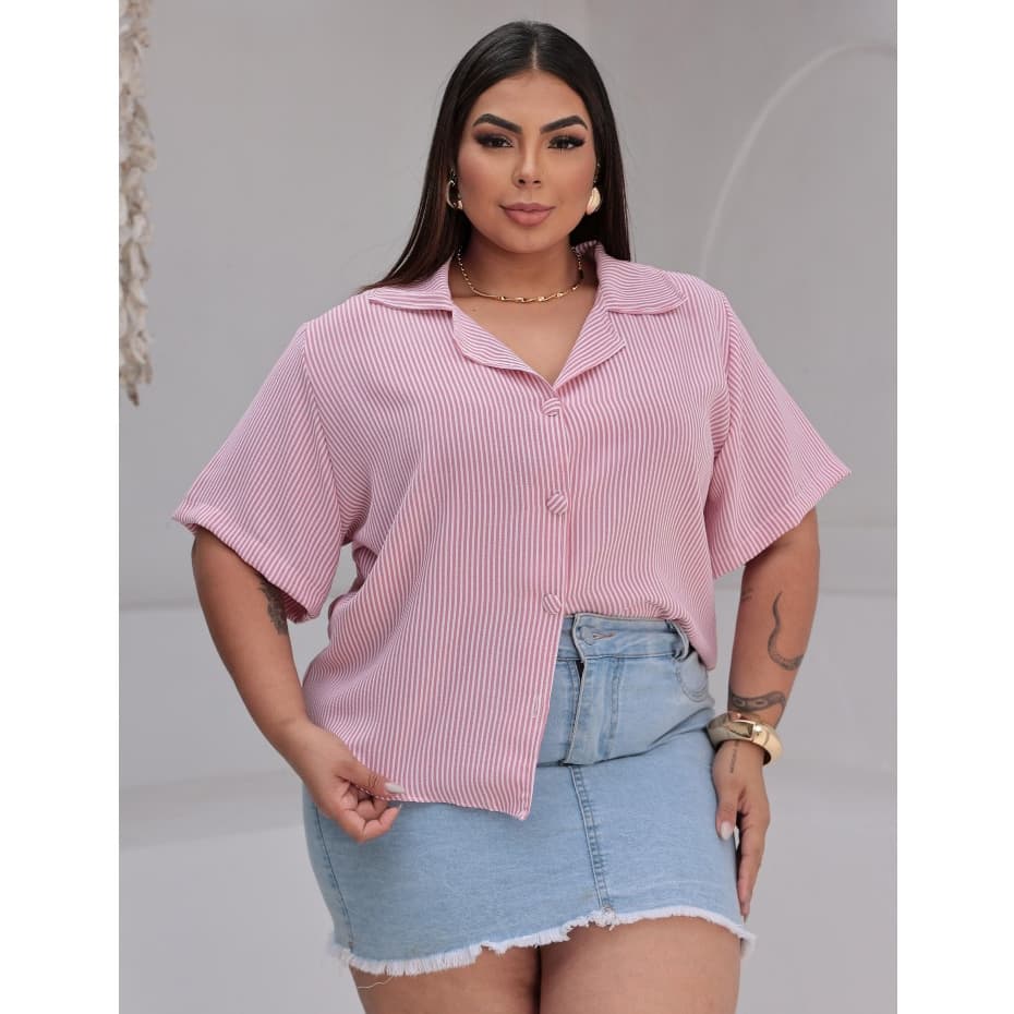 Camisa Social Feminina Plus Size Manga curta, Listrado Moderno elegante, tecido DUNA, G1 EG2