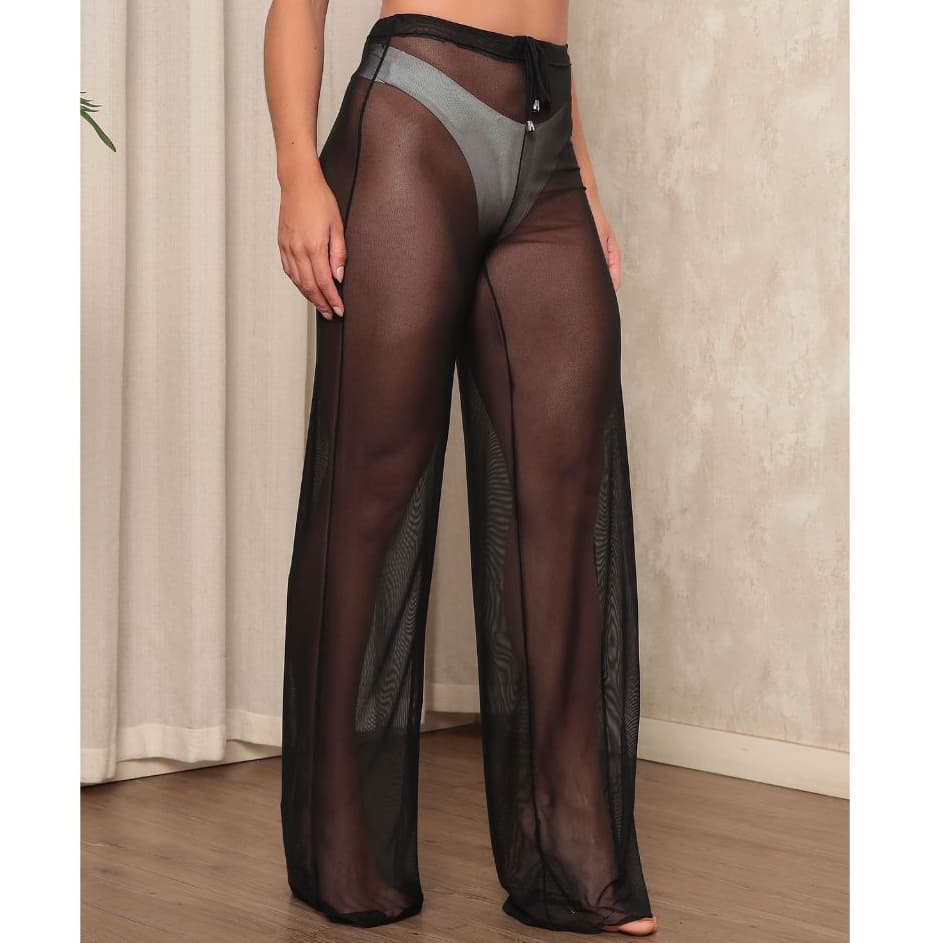 Calça em Malha de Tule Saída de Praia Verão Moda Praia Linhas Tropicais
