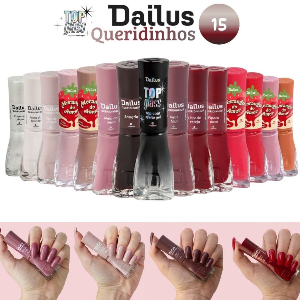 Esmalte Dailus Kit 14 Cores + Top Coat Top Glass Efeito Gel