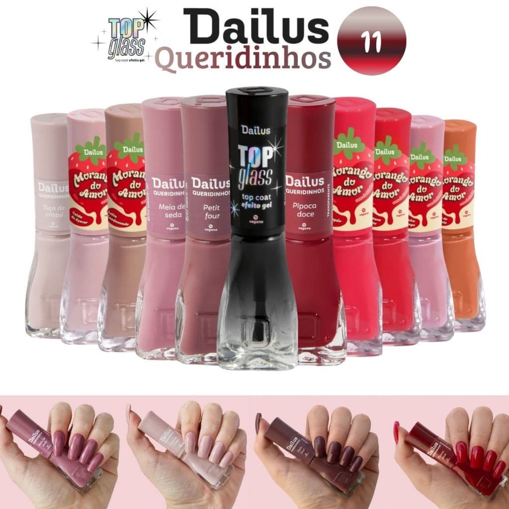 Kit 10 Esmaltes Dailus Cores Sortidas + Top Coat Top Glass