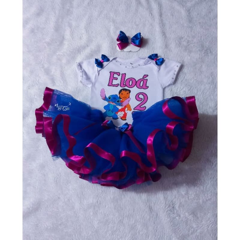 Fantasia lilo e stitch Infantil RN a 4 anos conjunto Completo Body Personalizado Saia de Tutu e Cartola