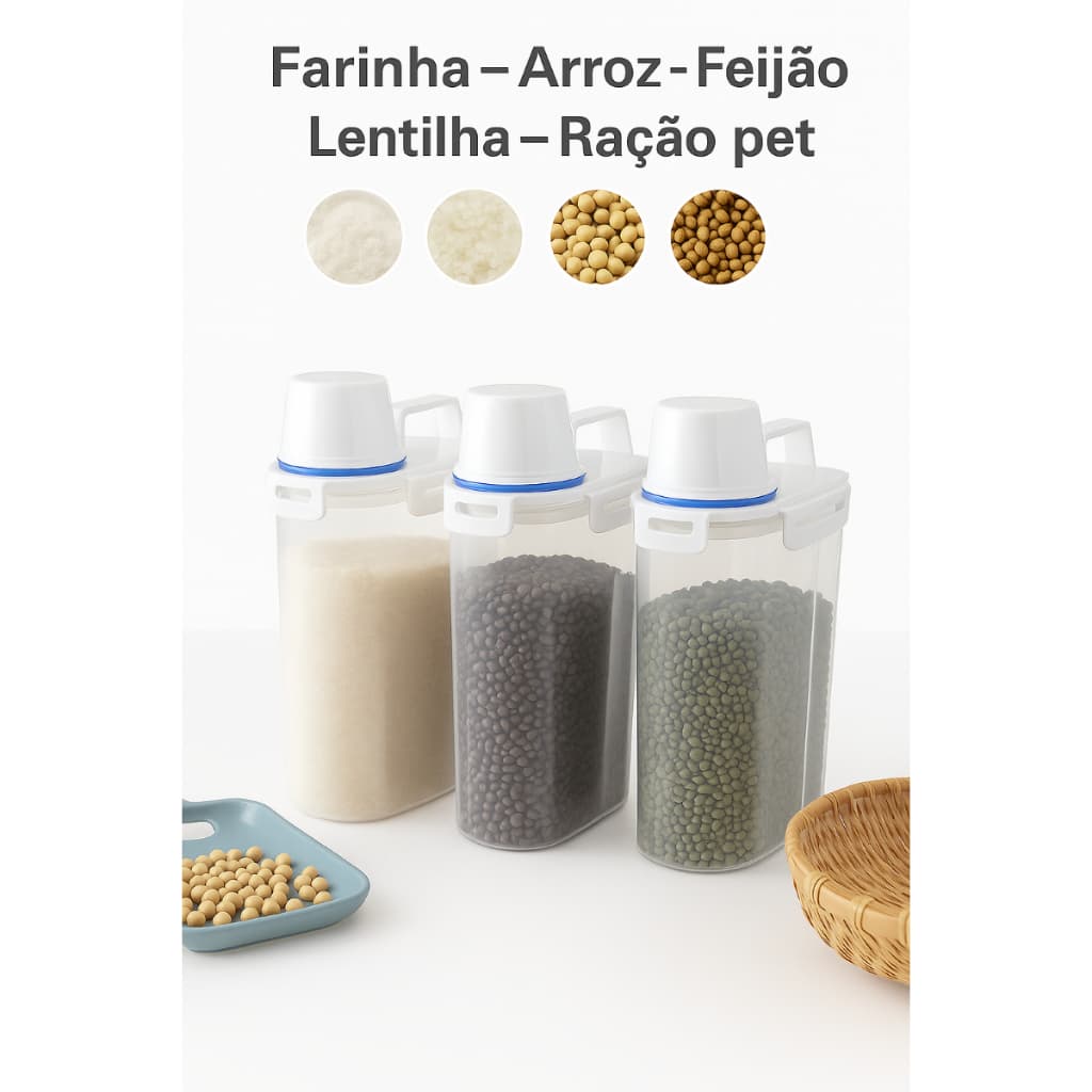 Kit 3 Potes Herméticos 2,5L Bico Dosador Copo Medidor Multiuso Dispenser Organizador de Cozinha