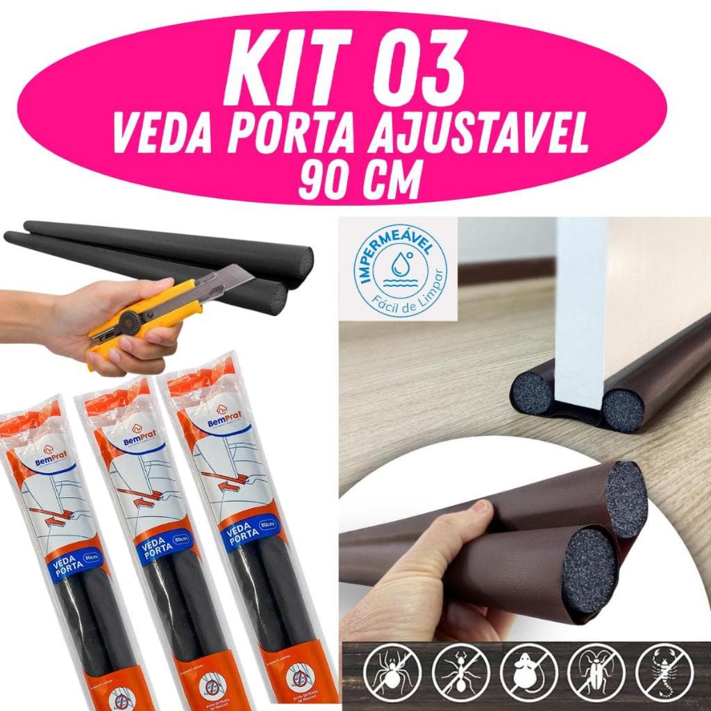 Kits de  Veda Porta Ajustável 90cmPreto Bemprat|Protetor de Porta |Vedação Dupla|Contra Poeira/ Insetos