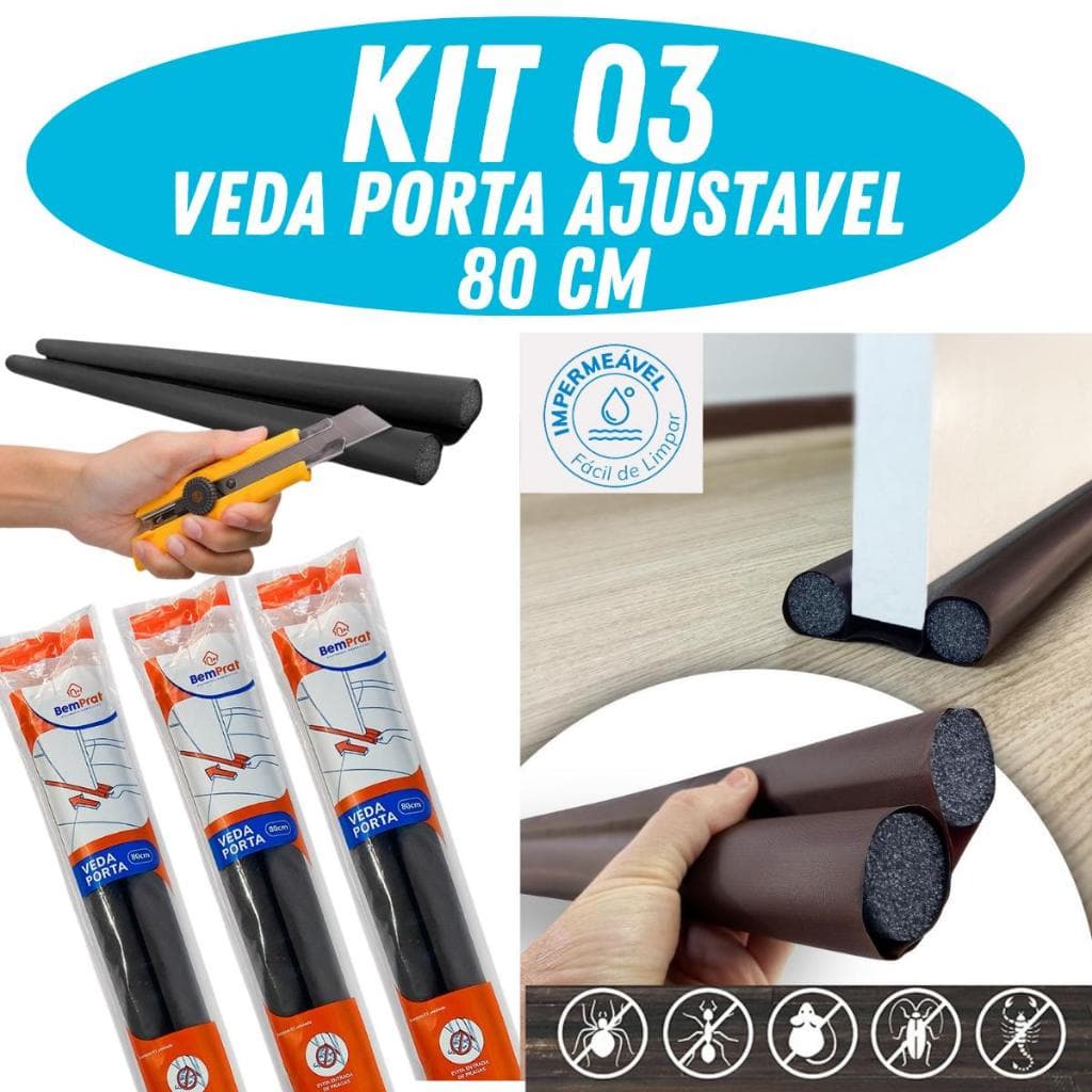 Veda Porta AJUSTAVEL 80cm kit 3 / 2 / 1 und  – Preto | Protetor de porta - Contra Poeira, Insetos e Vento - Bemprat