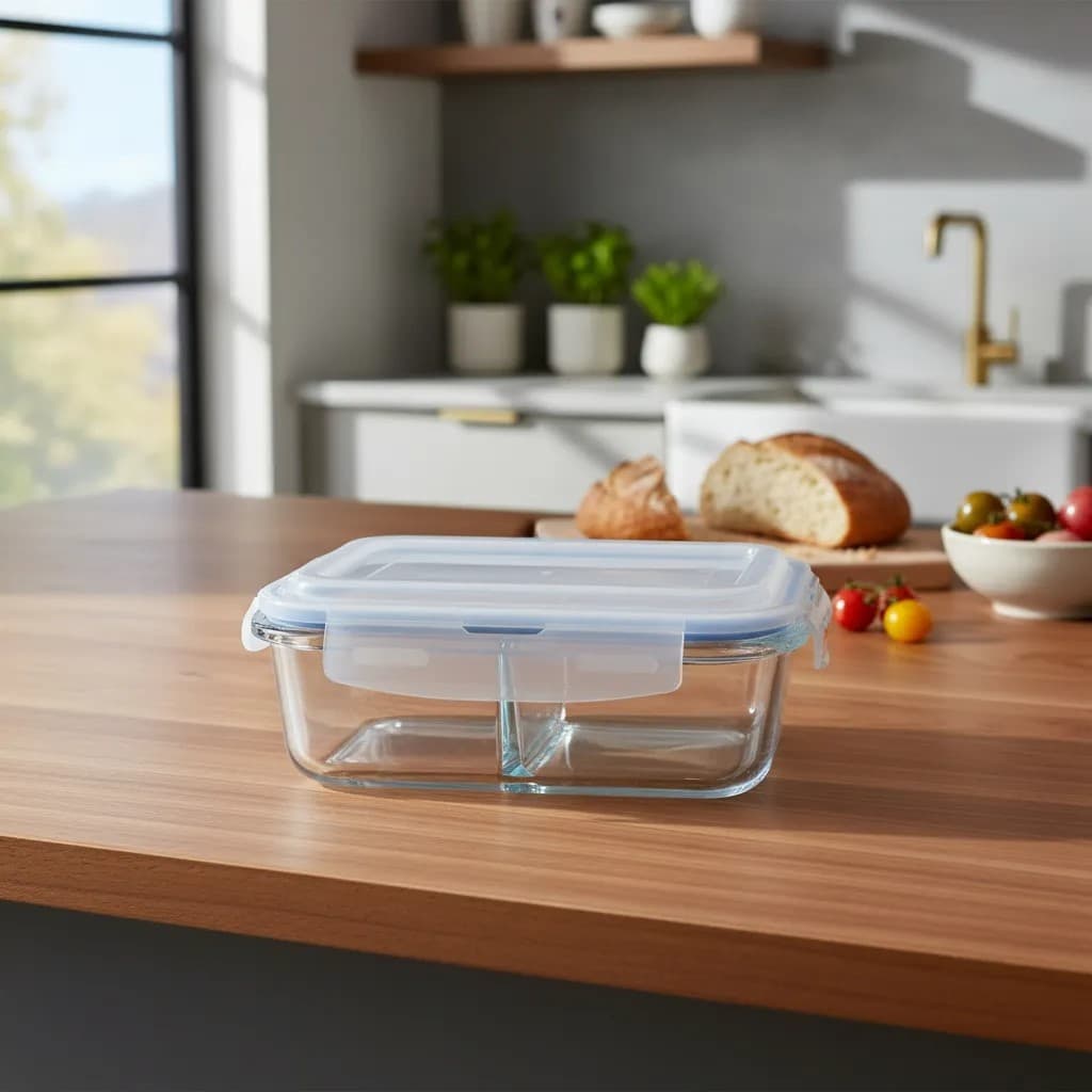 Pote Retangular Hermético Com Divisória Vidro 1040ml Marmita