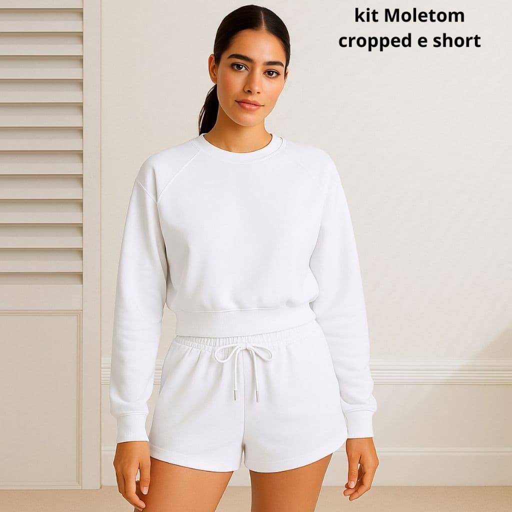 Kit Short Feminino Shortinho Moletom E Blusa Cropped Moletom Basico Confortavel Sem Estampa
