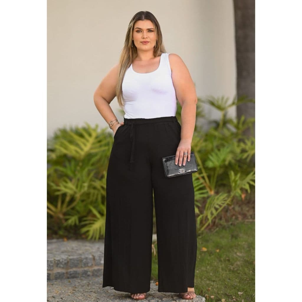 Calça Feminina Plus Size Pantalona com Faixa  W Bolsos Social Trabalho Casual GG ao G4