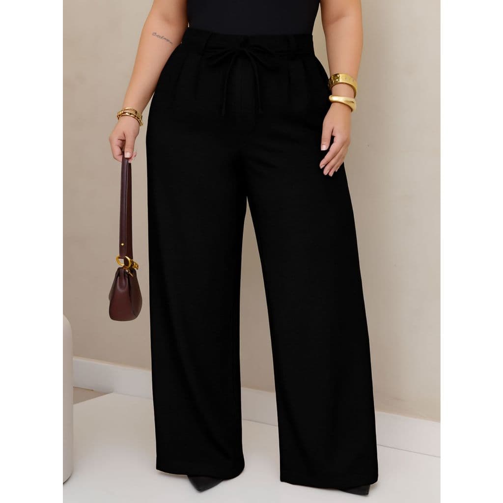 REF: H995（PLUS SIZE） - Calça feminina casual de cintura alta, lisa, com amarração reta e cinto ajustável na cintura, cal