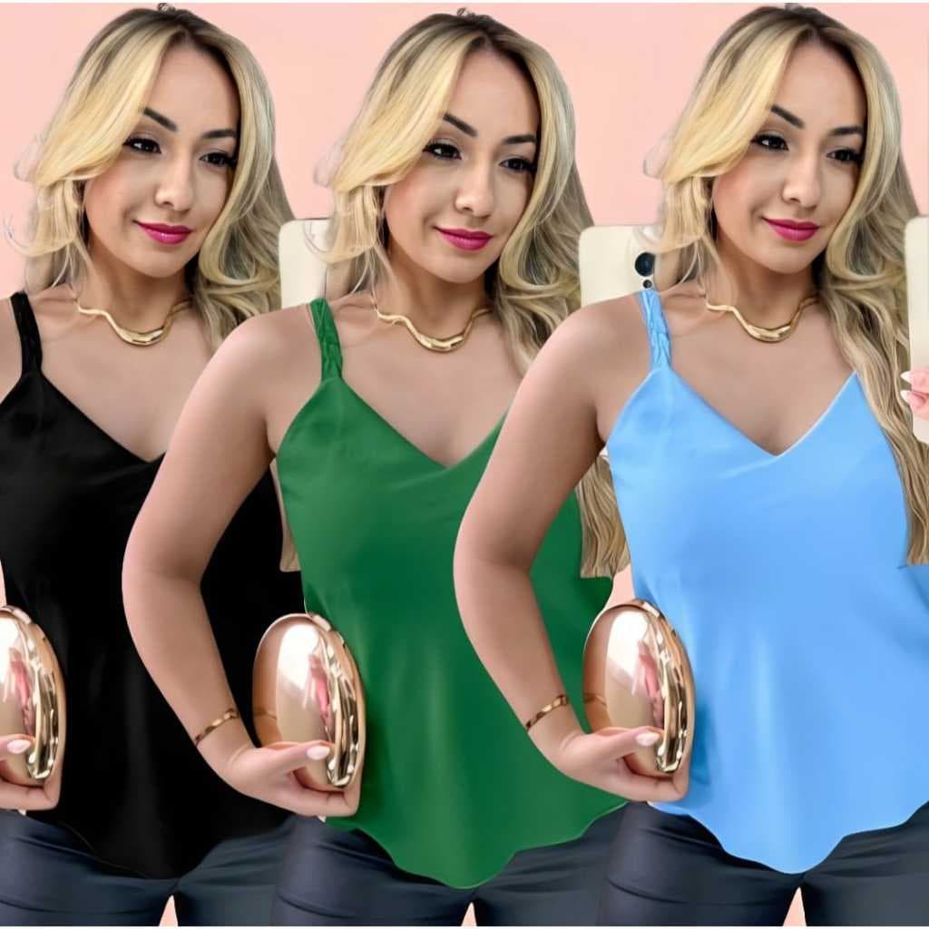 Kit 3 Regatas Com Alça Trançada Elegante Moda Verão Blusa Feminina Delicada Social Soltinha